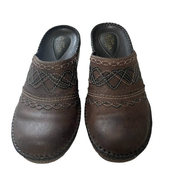 Clarks Artisan Leather Slip On Brown Embroidered Clogs 7 Comfy Wedge Boho Casual - Picture 6 of 9